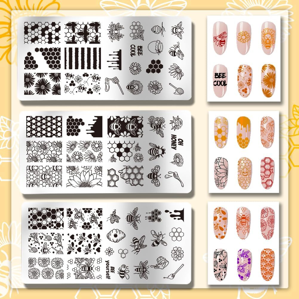 3Pcs Honeycomb Nail Stamping Plates, Spring Bee Honey Nail Stamper Sunflower Nail Art Stencils Print Nail Stencils Stainless Steel Nail Image Plate for Nail Art Design Manicure Salon