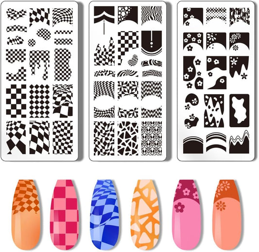 3Pcs French Nail Stamper Tartan Nail Stamping Plate French Tip Nail Art Stencils Plaid Wave Print Nail Stencils Stainless Steel Nail Image Plates for Nail Design Print Manicure Salon