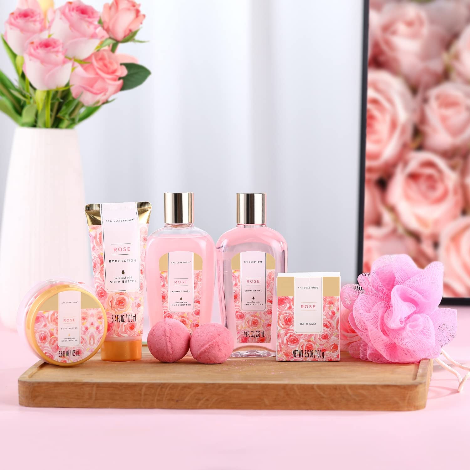 Gift Set for Women,  Bath Sets for Women Gift, 8 Pcs Rose Spa Basket Includes Bubble Bath, Shower Gel, Body Lotion, Birthday Spa Gifts, Mothers Day Gifts for Mom