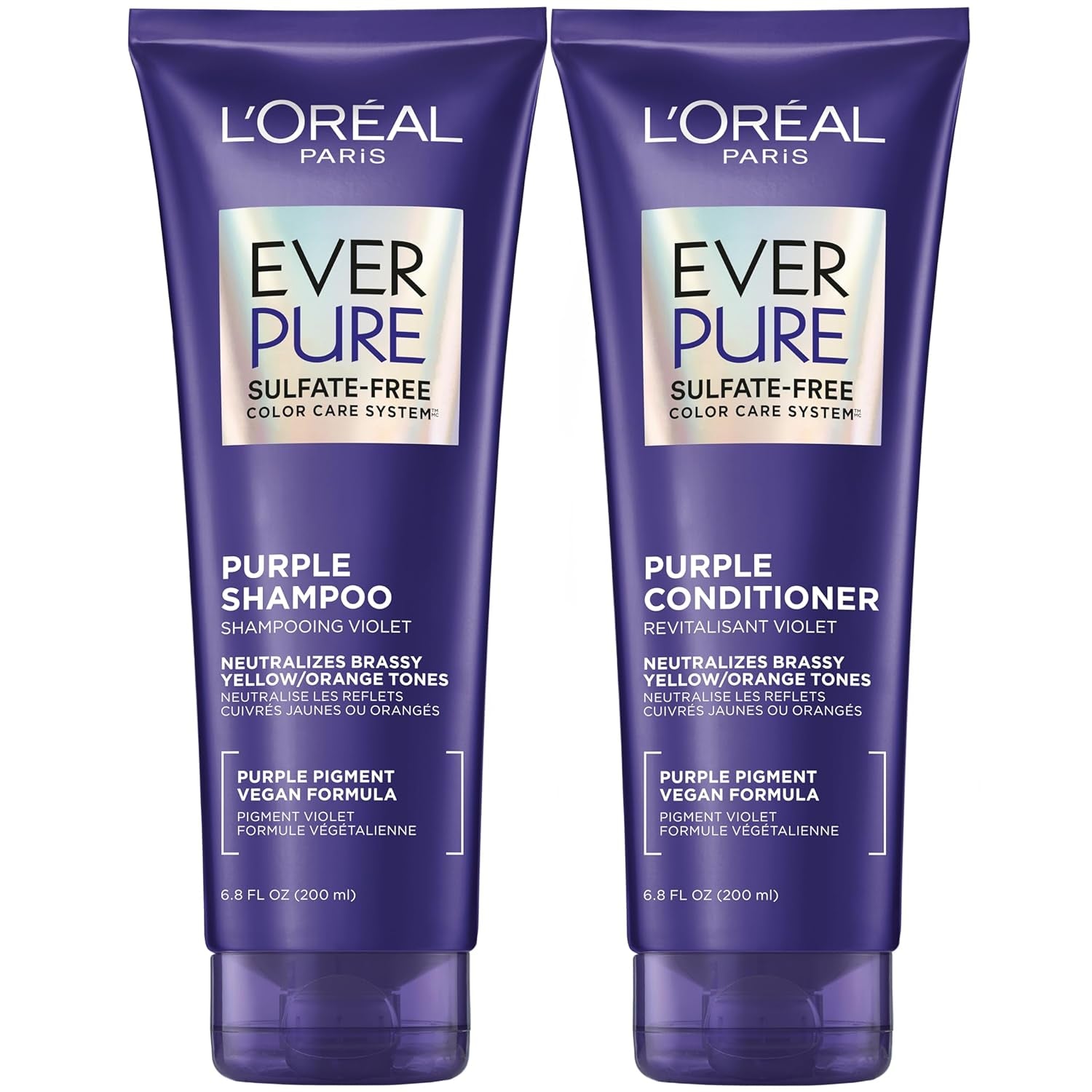 L’Oreal Paris Everpure Sulfate Free Brass Toning Purple Shampoo and Conditioner Set for Blonde, Bleached, Silver, or Brown Highlighted Hair, 1 Kit