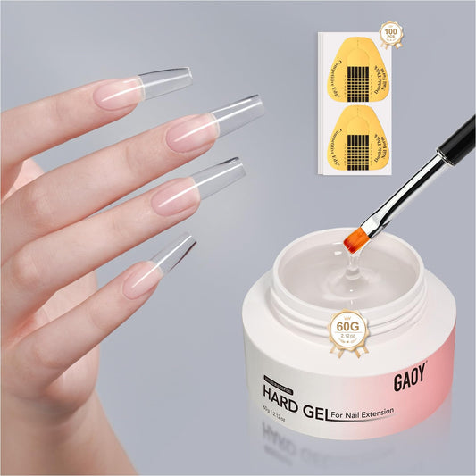 60G Nail Extension Hard Gel, Clear Builder Gel, Long Lasting UV Nail Strengthener with Forms, Base Coat Top Coat Needed