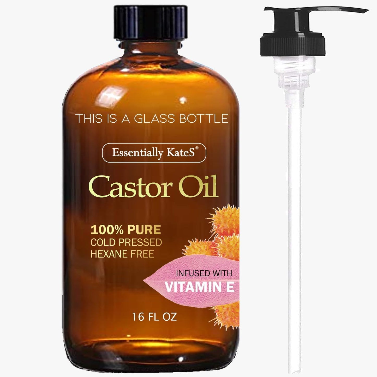 Castor Oil 16 Fl Oz (Glass Bottle) - Original Unrefined - a Huge Glass Bottle with a Pump - 100% Pure and Natural, Cold Pressed, and Hexane-Free - Hair Oil, Body Oil