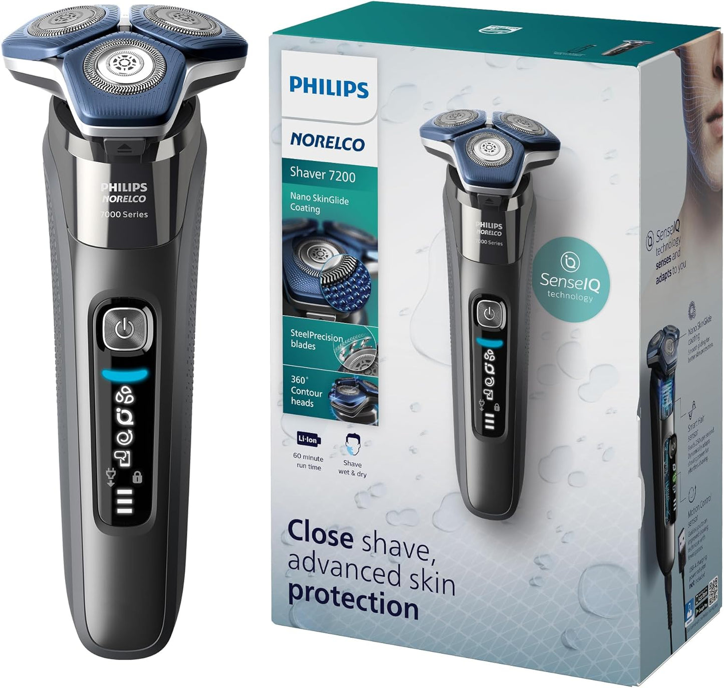 Shaver 7300, Rechargeable Wet & Dry Electric Shaver with Senseiq Technology, Pop-Up Trimmer, Charging Stand, Click-On Nose Trimmer, & Travel Case, S7887/92