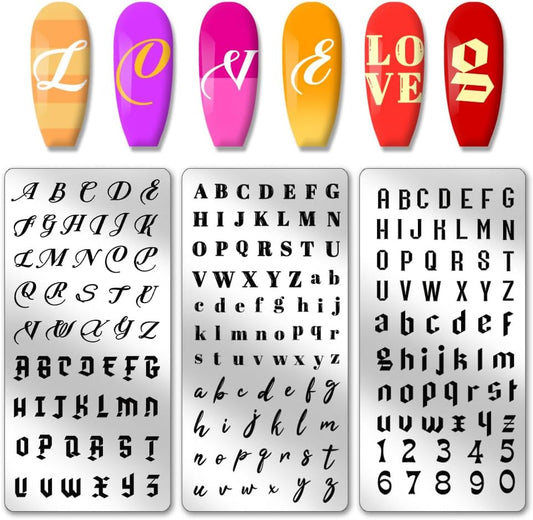 3PCS English Letter Nail Stamp Plate Personalized Letter Print Nail Stencils Stainless Steel Nail Template for English Alphabet Number Nail Art Design Image Plate 4.7X2.4 Inches