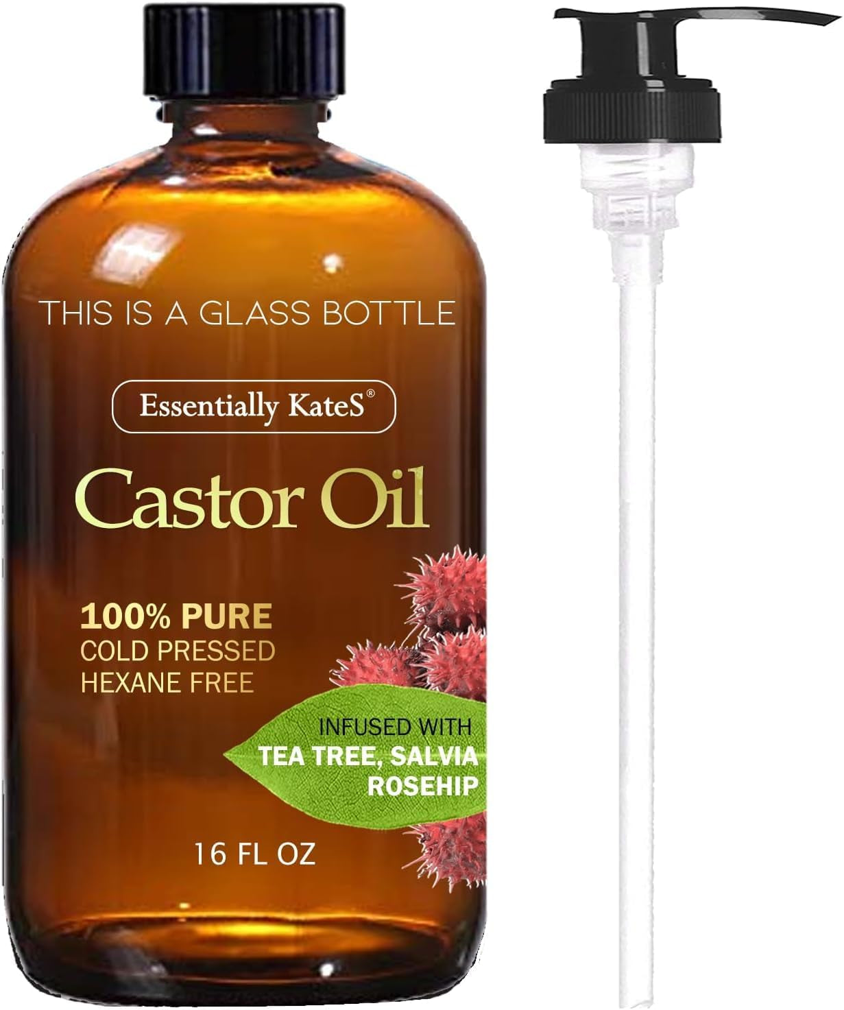 Castor Oil 16 Fl Oz (Glass Bottle) - Original Unrefined - a Huge Glass Bottle with a Pump - 100% Pure and Natural, Cold Pressed, and Hexane-Free - Hair Oil, Body Oil