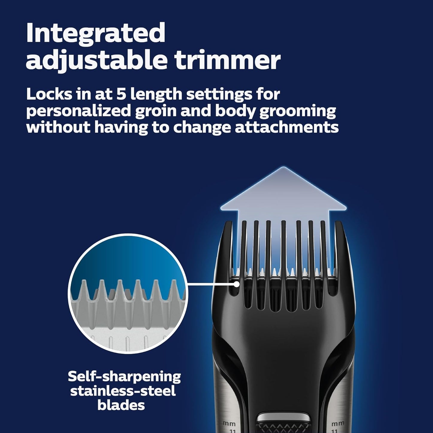 Bodygroom 7000 Series, Showerproof Groin and Body Trimmer for Men, Precise Body Grooming, Adjustable Comb, Safe Even below the Belt, 80 Min. Runtime, Model BG7030/49