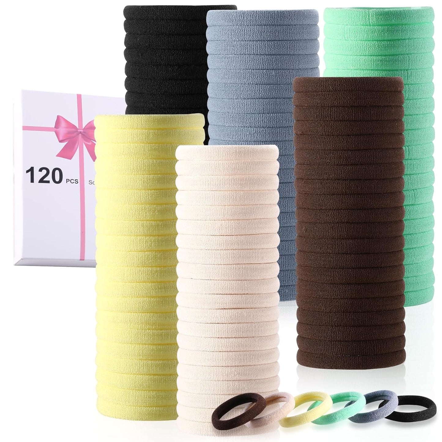 120 Pcs Black No Damage Hair Ties for Women Thick Hair, Large Soft Seamless Nylon Cloth Fabric Elastic Hair Ties Ponytail Holders Hair Elastics Hair Band,Perfect Valentine'S Day Gift for Women