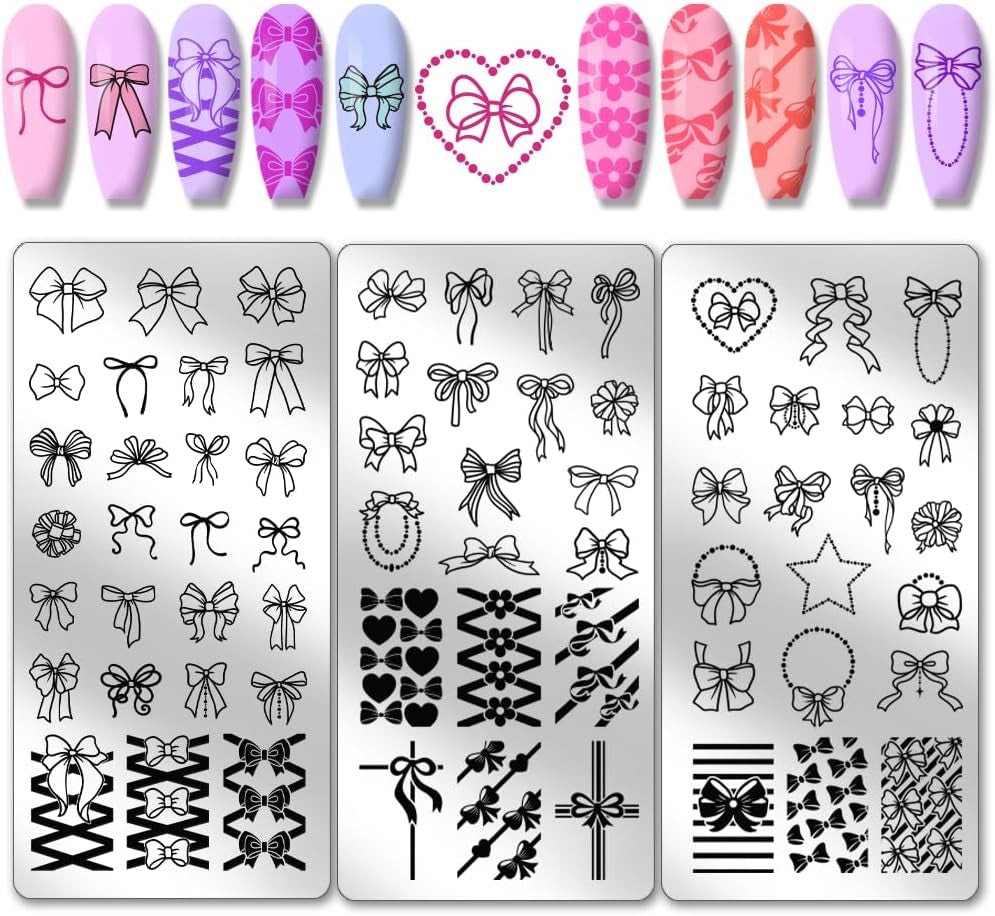 66 Patterns Valentine'S Day Bow Nail Stamper, 3Pcs Nail Stamping Plate Cute Bowknot Nail Art Stencils Print Nail Stencils Stainless Steel Nail Plates for Nail Design Print Manicure Salon