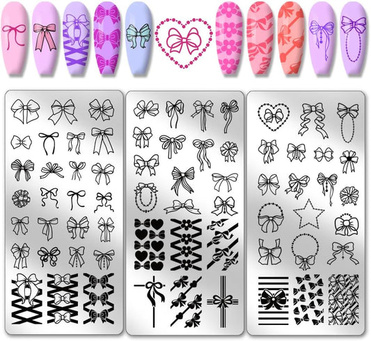 66 Patterns Valentine'S Day Bow Nail Stamper, 3Pcs Nail Stamping Plate Cute Bowknot Nail Art Stencils Print Nail Stencils Stainless Steel Nail Plates for Nail Design Print Manicure Salon