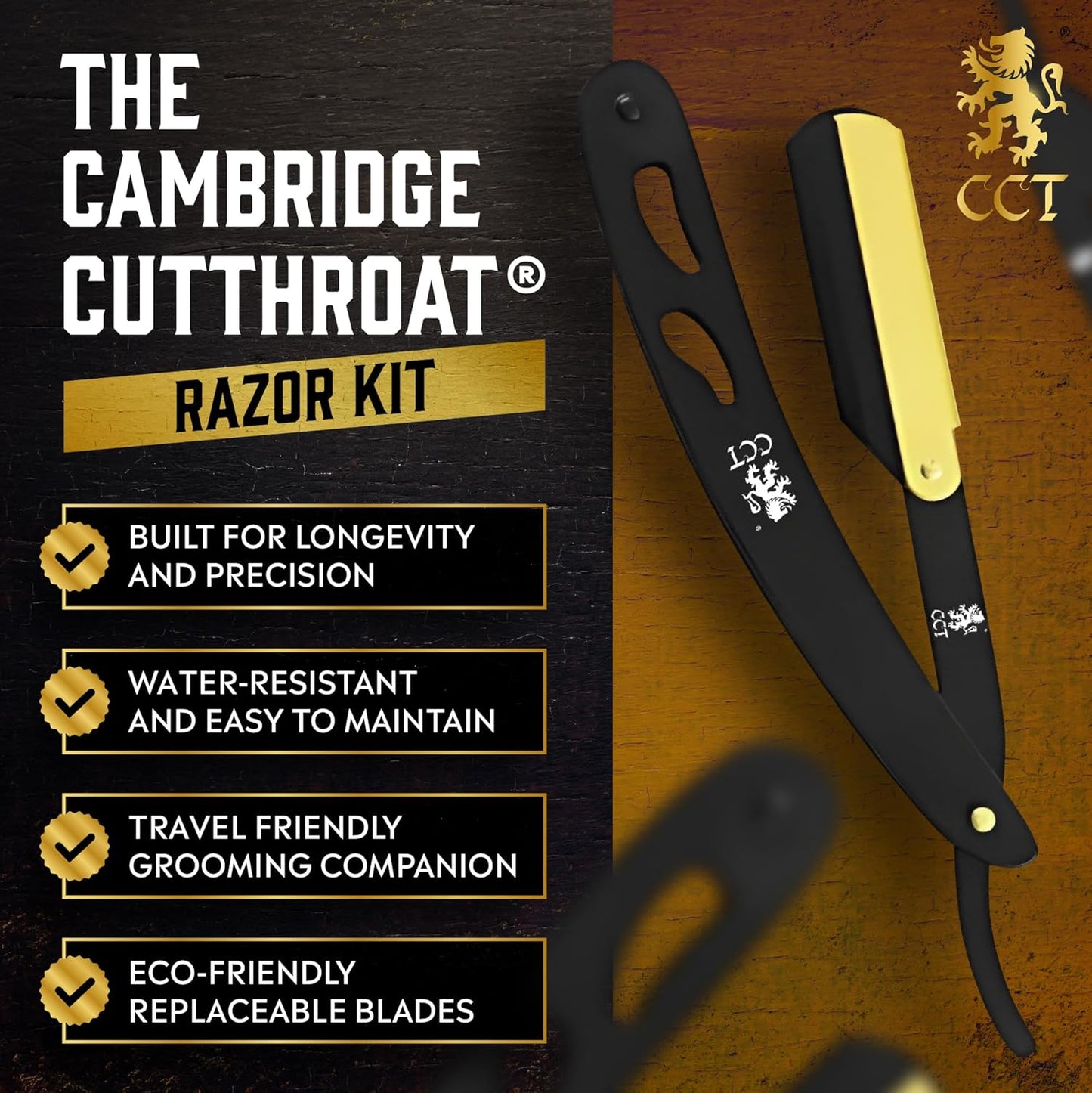 ® Cut Throat Razor Kit with Travel Pouch - Black & Gold Stainless Steel Professional Barber Single Straight Edge for Men - Moustache Shaver & Beard Shaper