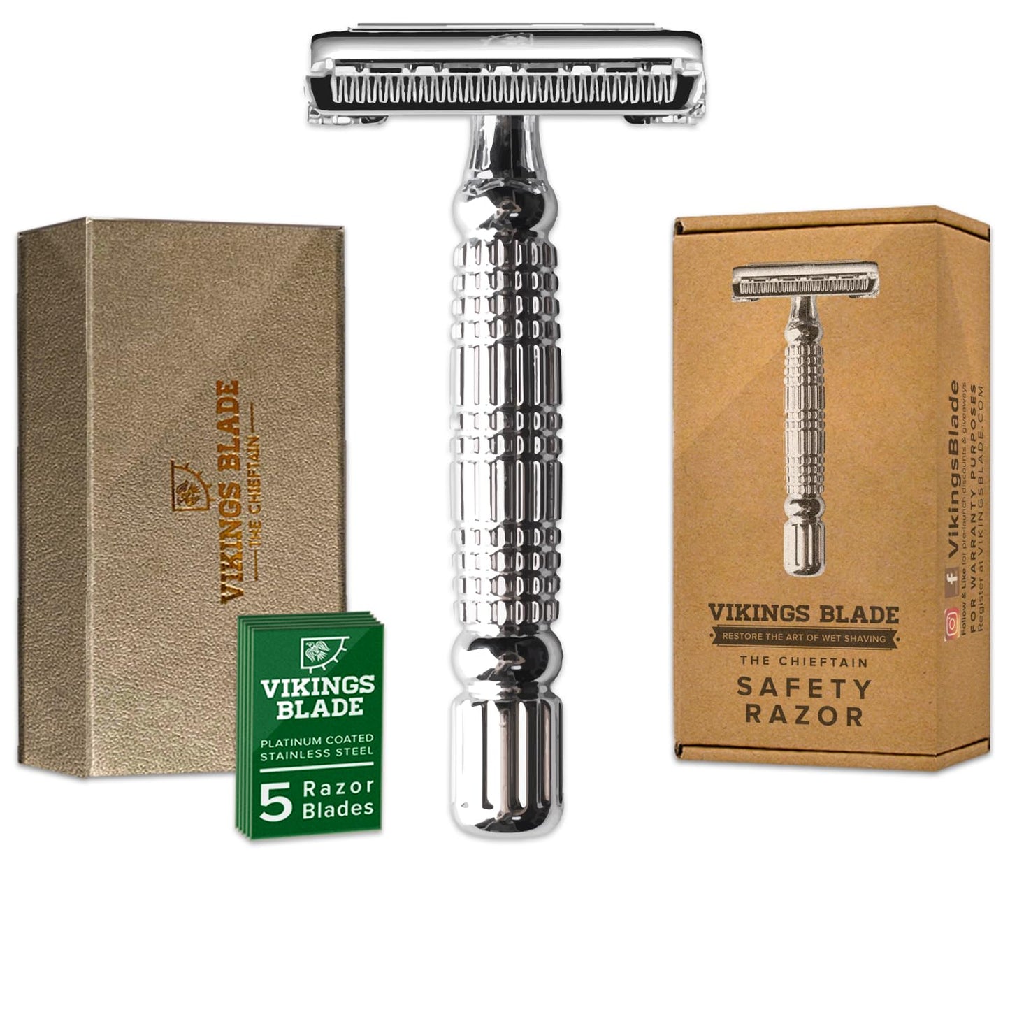 Double Edge Safety Razor for Men + 5 Swedish Steel Blades + Luxury Case. Smooth, Reusable, Eco-Friendly (Chieftain “Odin”)