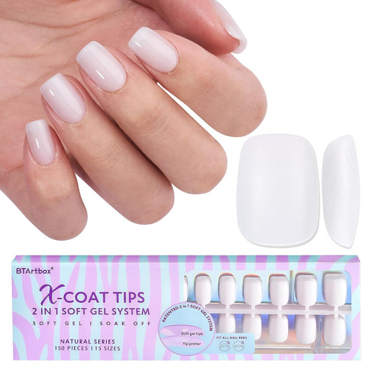 XS Short Square Gel Nail Tips - Pre Colored Milky White Soft Gel Nail Tips, Milky White Press on Nails, Natural XCOATTIPS Pre Applied Tip Primer