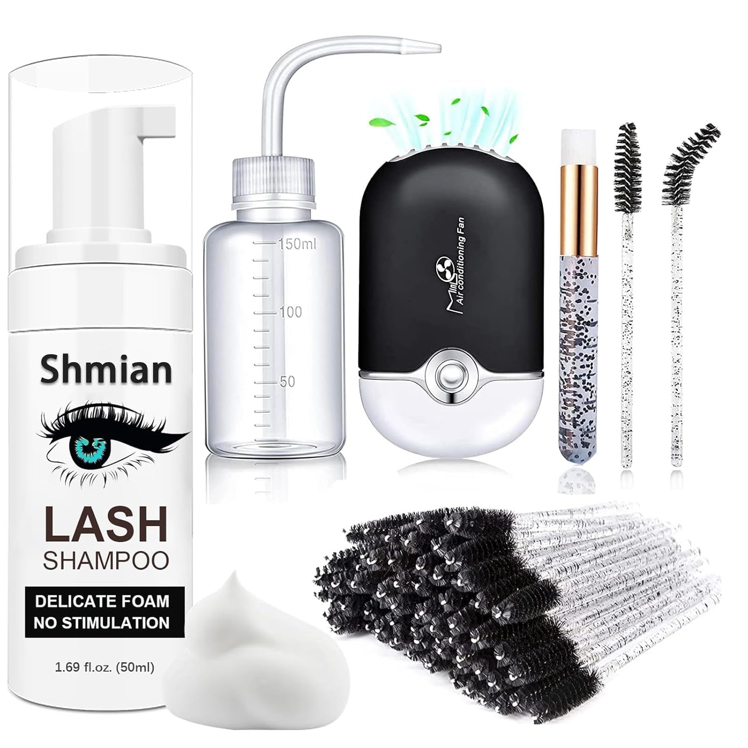 Lash Shampoo for Lash Extensions, Lash Fan with 50Ml Eyelash Foam Cleanser and 50 Pcs Eyelash Brush and Rinse Bottle Oil Free/Sulfate Free Eyelash Wash Remover for Eyelash Extension Wash, Black