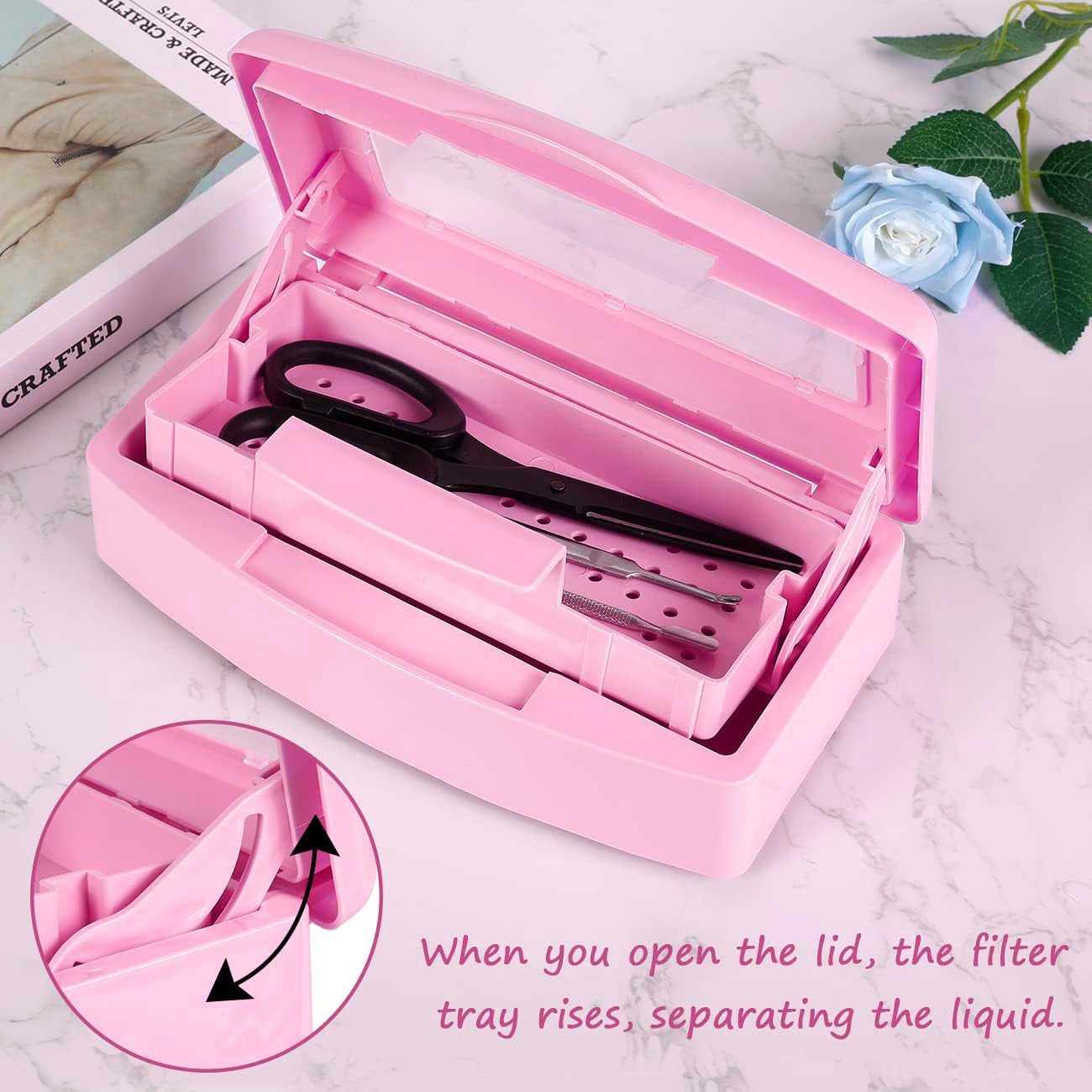 Nail Tool Sterilizer Box Barbicide Disinfectant Jar Plastic Disinfectant Container Suitable for Nail Tools Hair Salons Beauty Centers and Manicure and Nail Equipment(Pink)