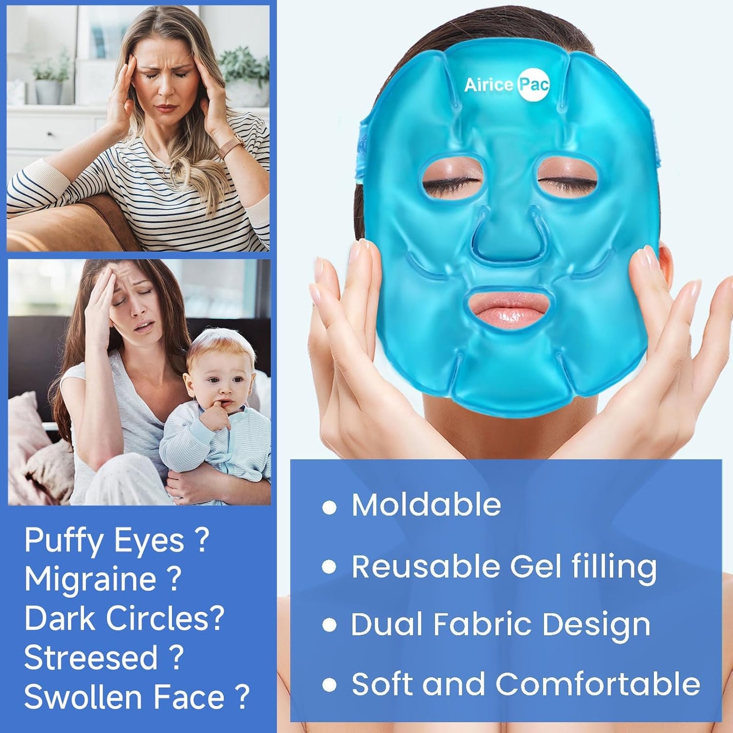 Colding Ice Face Mask and Cooling Eye Mask for Puffy Eyes & Migraine Relief, Gel Eye Mask, Cool Face Masks for Dark Circles, Eye Surgery, Sleeping, Pressure, Headaches, Skin Care