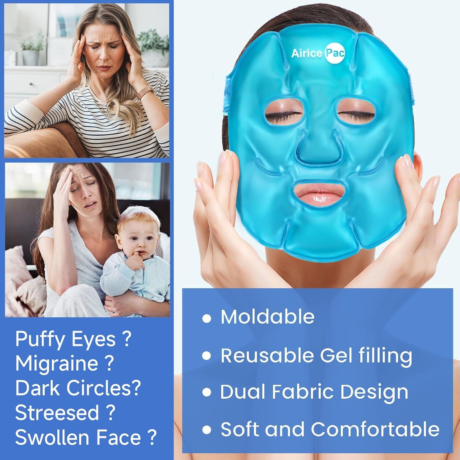 Colding Ice Face Mask and Cooling Eye Mask for Puffy Eyes & Migraine Relief, Gel Eye Mask, Cool Face Masks for Dark Circles, Eye Surgery, Sleeping, Pressure, Headaches, Skin Care