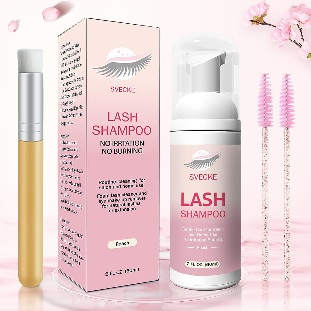 Lash Shampoo Kit for Eyelash Extension, Eyelash Shampoo 2 Fl.Oz / 60Ml, Eyelash Extension Cleanser, Lash Eyelid Foam Cleaning Kit for Salon Use and Home Use (Peach)