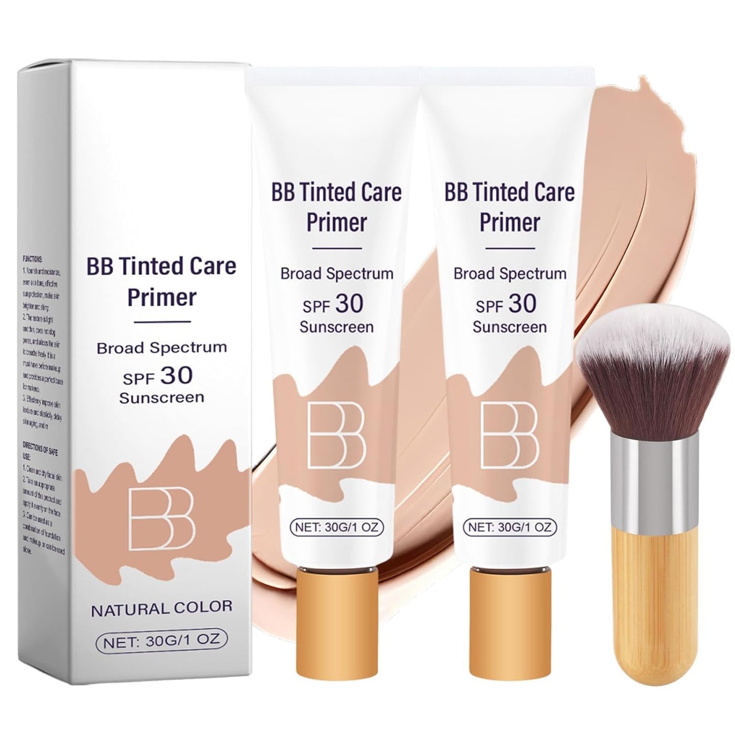 BB Tinted Moisturizer SPF 30, BB Tinted Care Primer, BB Tinted Care Primer with Brush, Full Coverage Light-Medium Skin Color Hydrating & Smoothing(Natural*2 with Brush)