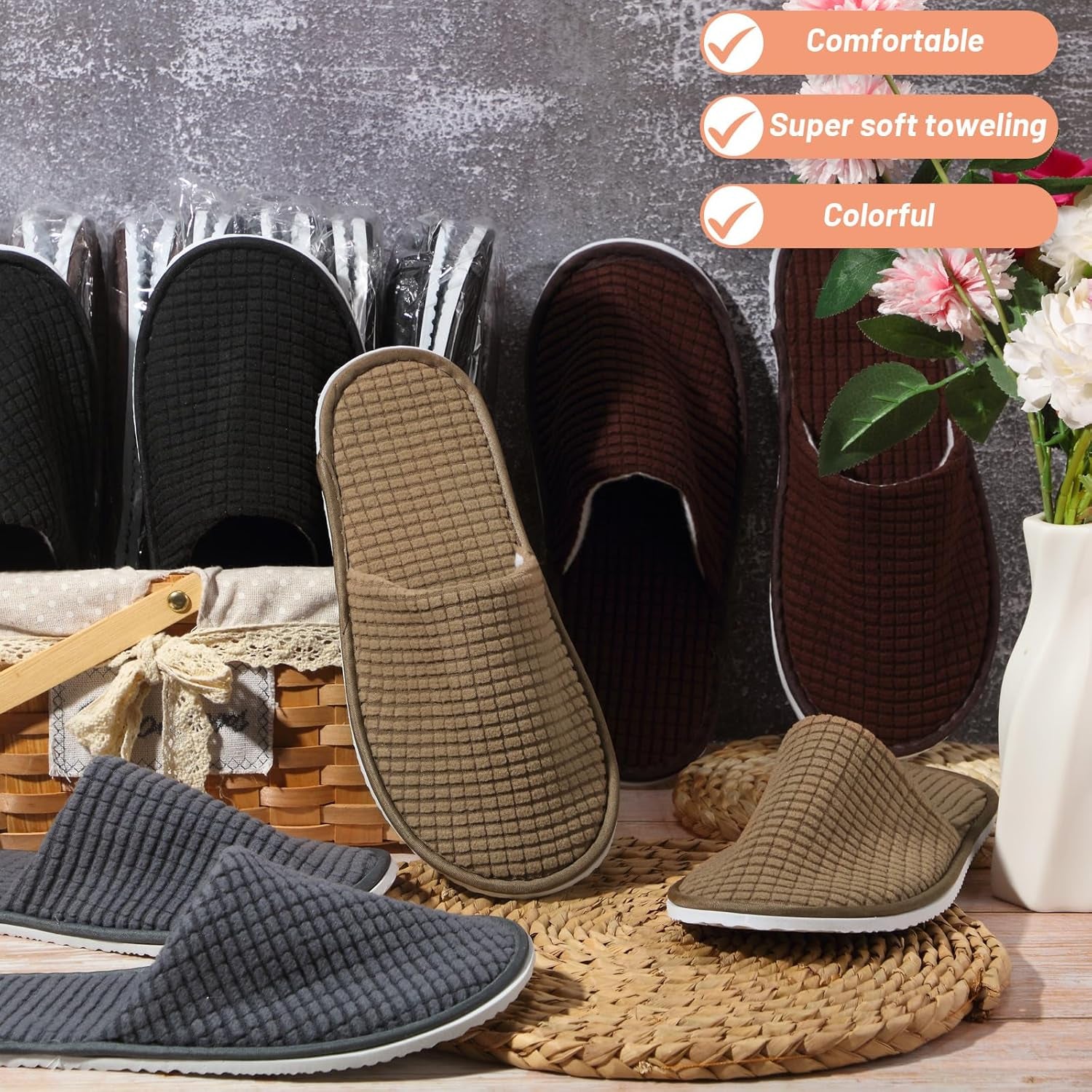 12 Pair House Slipper for Guest Non Slip Disposable Slipper for Travel Washable Reusable Closed Toe Hotel Bridesmaid Indoor Spa Wedding Party Shoeless Home