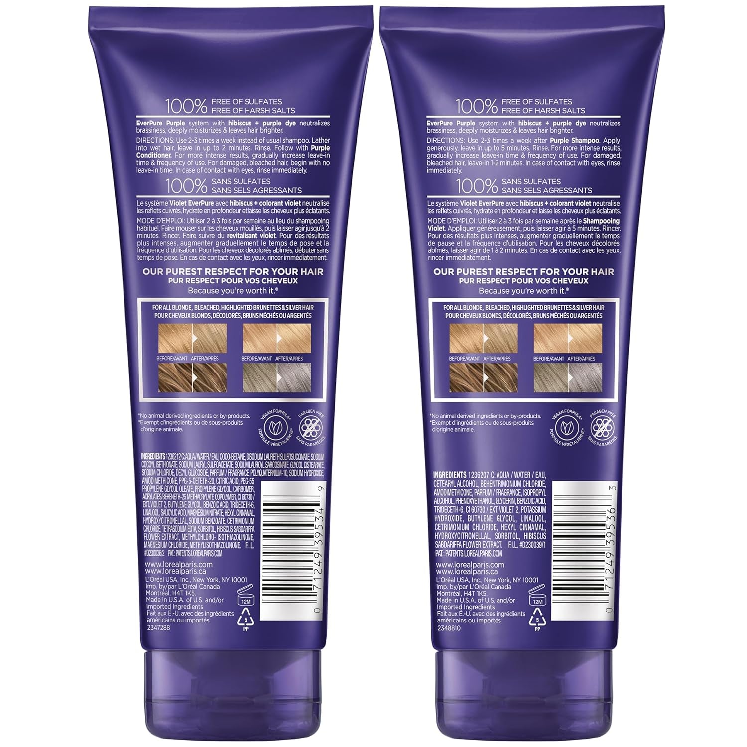 L’Oreal Paris Everpure Sulfate Free Brass Toning Purple Shampoo and Conditioner Set for Blonde, Bleached, Silver, or Brown Highlighted Hair, 1 Kit