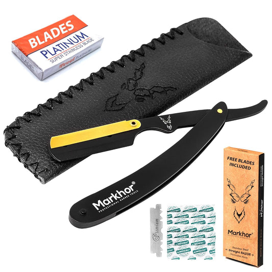 ® Straight Razor with Leather Pouch & Replaceable Blades | Premium Quality Matte Black & 24K Gold Plated Straight Razors for Men | Barber Razor Blade | Single Blade Razor | Straight Edge Razors