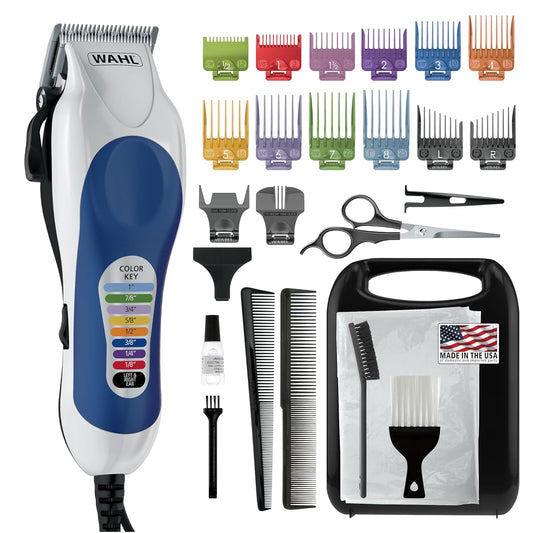 Clipper USA Color Pro Complete Haircutting Kit with Easy Color Coded Guide Combs - Corded Clipper for Hair Clipping & Grooming Men, Women, & Children - Model 79300-1001M