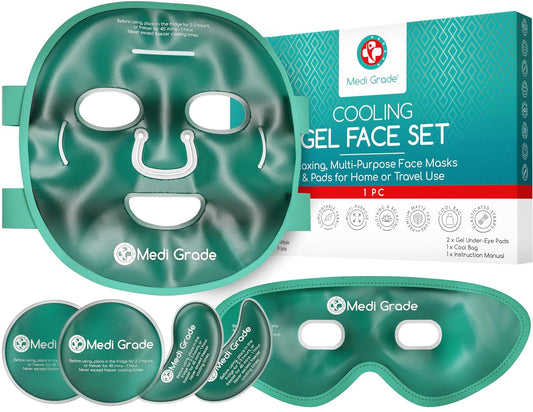 Cooling Ice Face Mask and Cooling Eye Mask for Puffy Eyes & Migraine Relief - Self Care Face Ice Pack with Chillgel Face Ice Mask Technology - Cooling Face Mask, Eye Pads and Bag