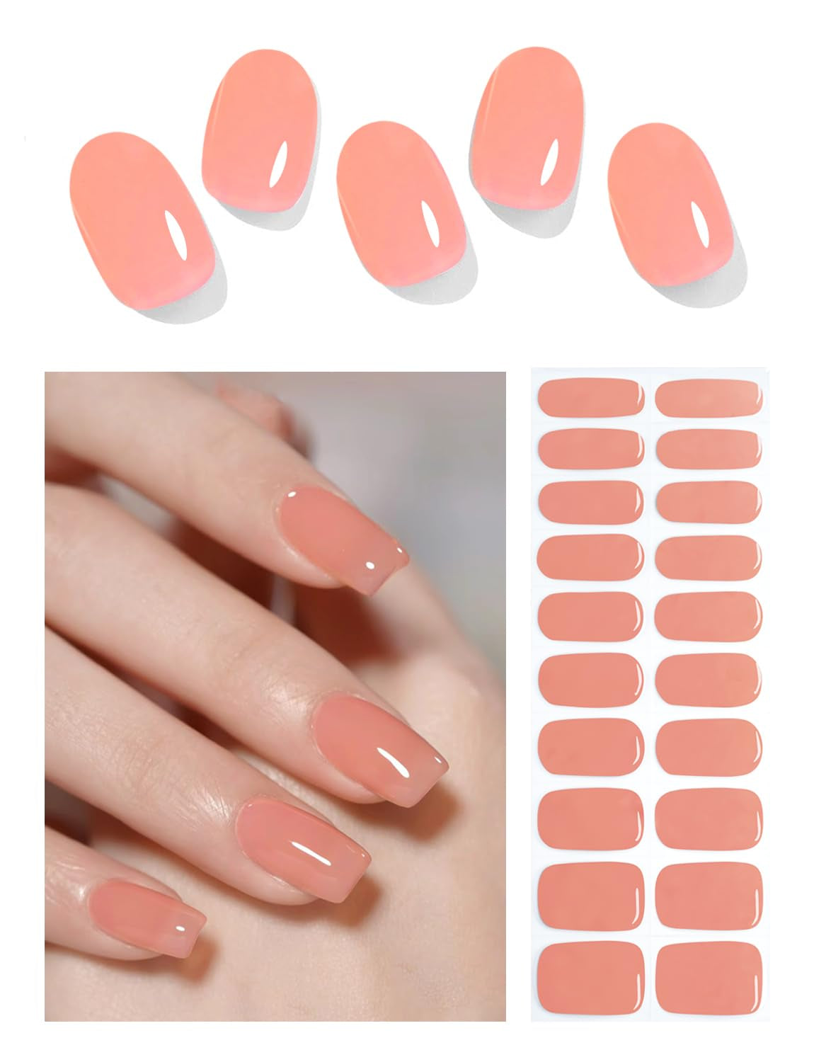 Semi Cured Gel Nail Strips, Classic French 20Pcs Semi Cured Gel Nails Sticker, Gel Nail Wraps UV for Home Nails DIY (Nude Transparent)