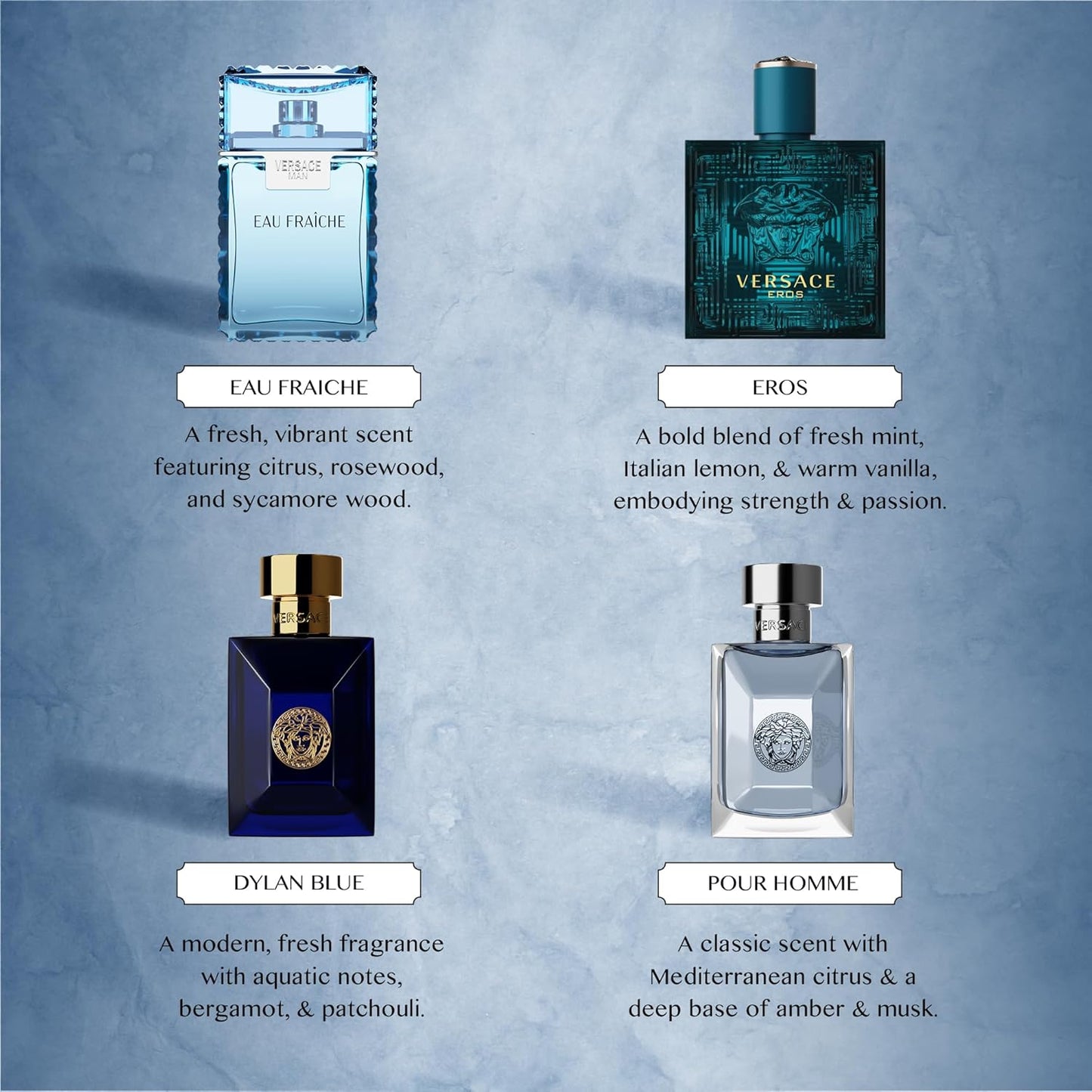 Cologne for Men Set of 4 Mini Eros, Pour Homme, Dylan Blue, Eau Fraiche Perfume for Men Fragrance Sampler Set - Designer Mens Cologne Samples (4 Count, 0.17 Oz)