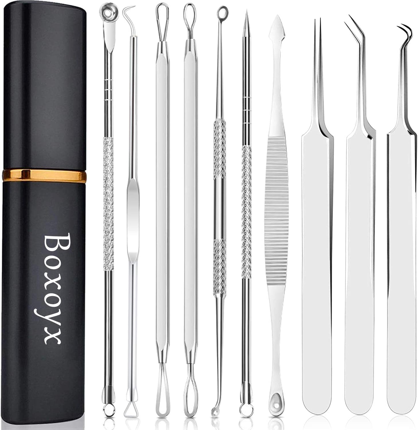 Pimple Popper Tool Kit -  10 Pcs Blackhead Remover Comedone Extractor Kit with Metal Case for Quick and Easy Removal of Pimples, Blackheads, Zit Removing, Forehead,Facial and Nose(Silver)