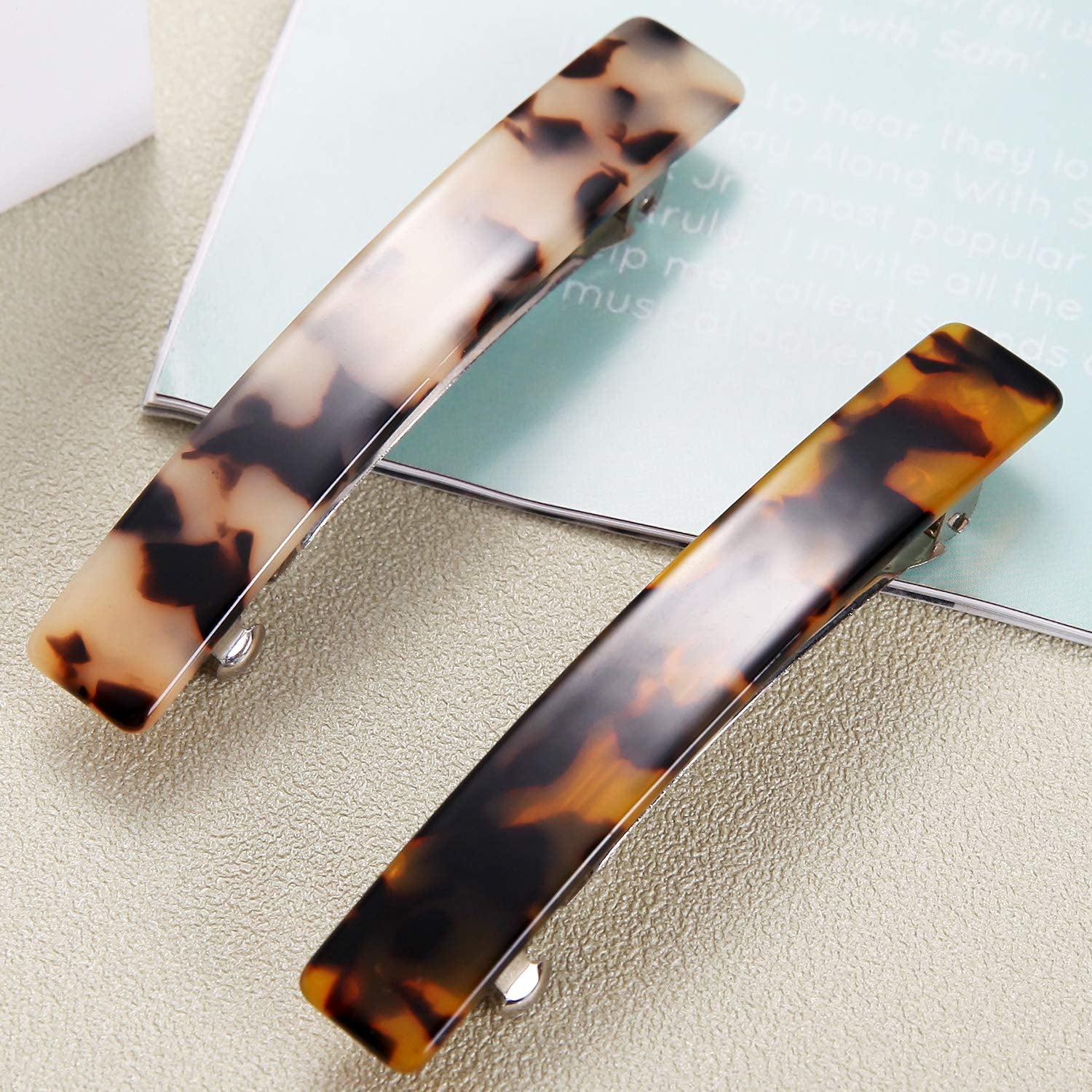 2PCS French Design Hair Barrette Tortoise Shell Celluloid Rectangle Hair Clips for Women