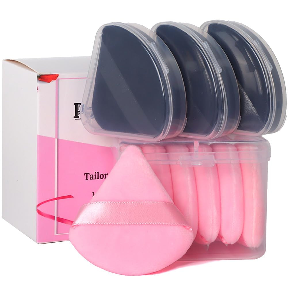 10Pcs Triangle Powder Puffs for Face Powder,Soft Velour Makeup Setting Powder Puff with Case,Black&Pink