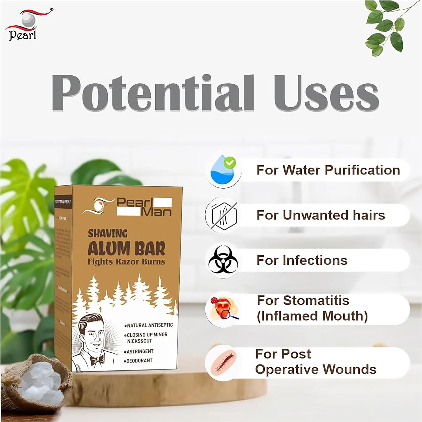 Shaving Alum Bar (Fitkari) - 100G | 100% Pure Natural Alum Stone | Gentle & Effective Aftershave| Ideal for Razor Burn Relief | Chemical-Free Shaving Aid, White