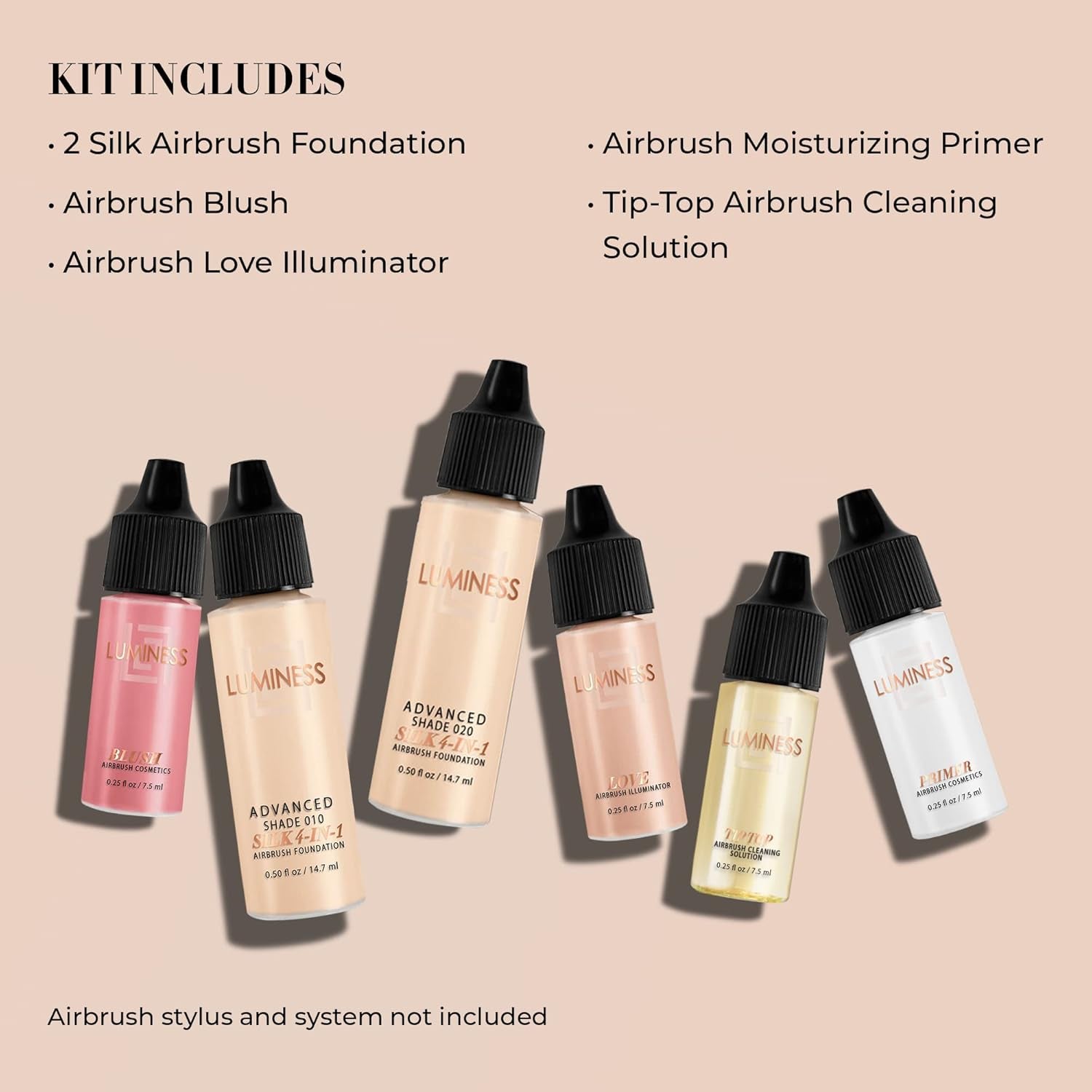 Silk 4-In-1 Airbrush Foundation Makeup Starter Kit - Fair Coverage, 6-Piece - Includes 2X Silk Airbrush Foundation, Blush, Glow Highlighter, Moisturizer Primer & Airbrush Cleaning Solution