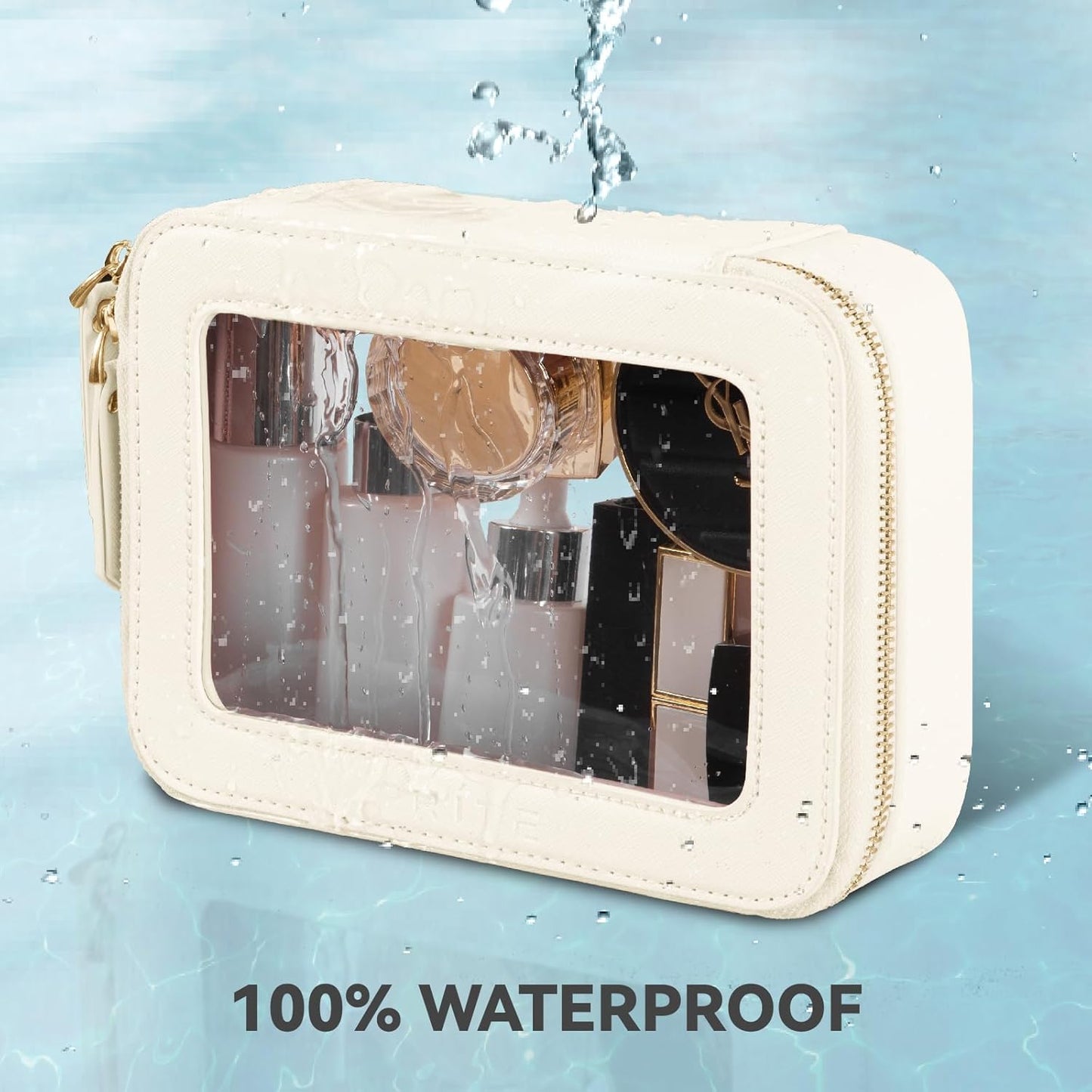 Clear Makeup Bag Cosmetic Organizer Case Waterproof Travel Toiletry Bag Skincare Pouch with Golden Zipper(Beige)