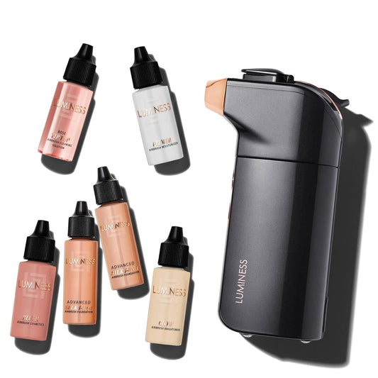 BREEZE DUO Airbrush Makeup System, Medium Coverage – 9-Piece Kit Includes 2X Silk Airbrush Foundation, Soft Rose Blush, Glow Highlighter, Moisturizer Primer, and Airbrush Cleaning Solution