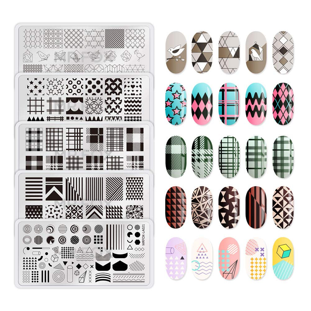 MRFOX 5 Pcs Nail Plates Stamping Set Marbled Punk Spider Web Heart Star Theme Leaf Nail Art DIY Stamping Template