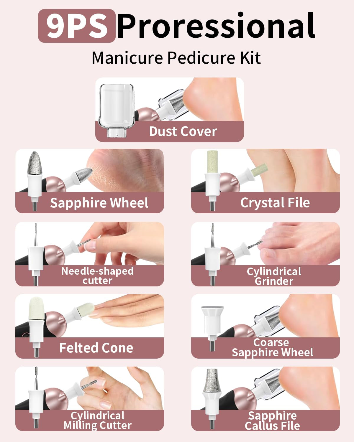 Professional Manicure Pedicure Kit, Cordless Electric Nail File Set, Rechargeable Pedicure Tools for Feet, 5 Speeds Hand Foot Care Nail Drill for Thick Nail Toenail Cuticle Women Men Baby Pets