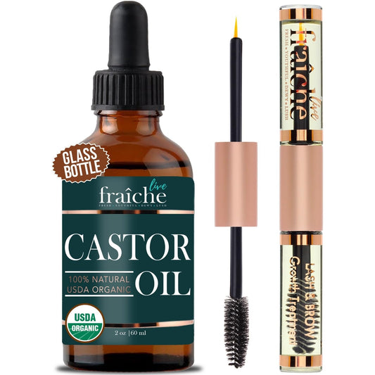 Organic Castor Oil for Face (2Oz) + FREE Filled Mascara Tube, 100% Pure USDA Eyebrow Eyelash Growth Serum, Cold Pressed, Hexane Free Hair Lash Serum