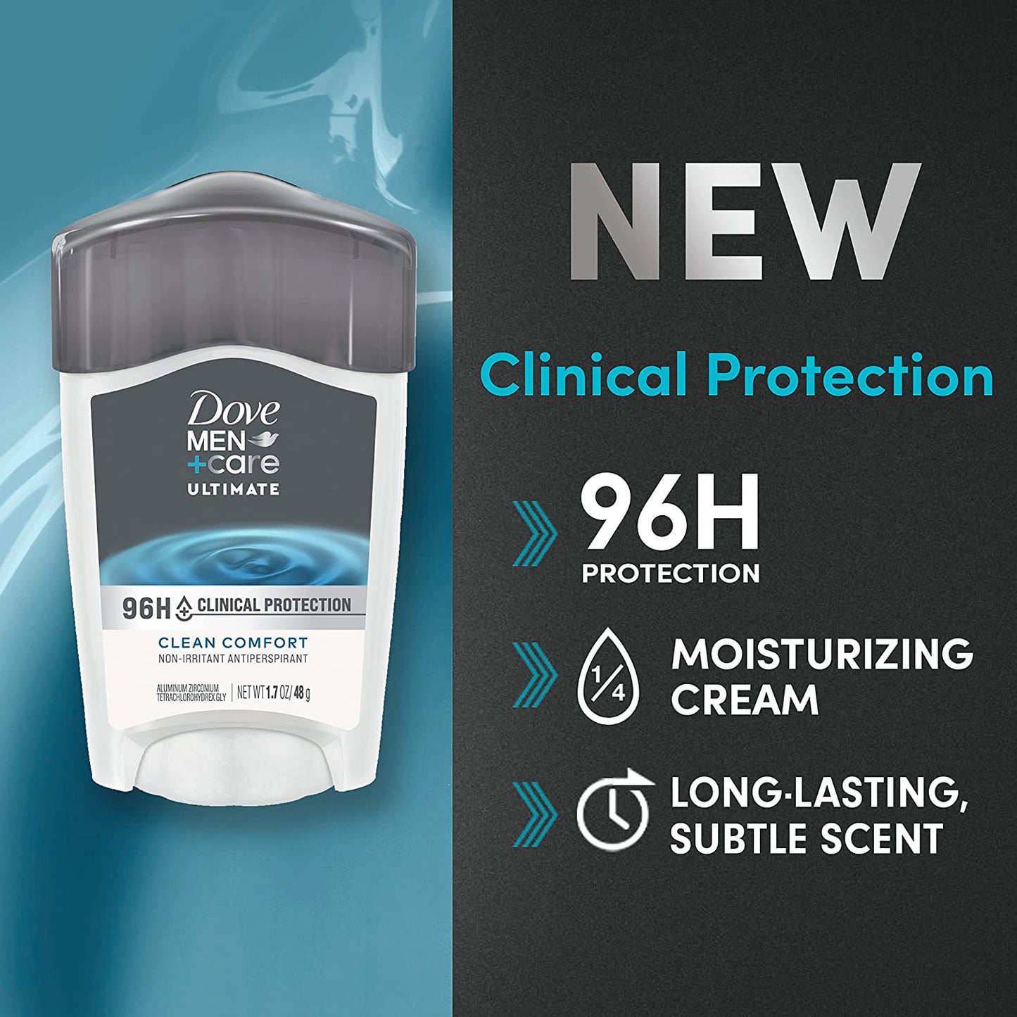 Clinical Protection Antiperspirant Clean Comfort Stick for Men 96-Hour Sweat and Odor Protection Clinical Strength Antiperspirant with 1/4 Moisturizing Cream 1.7 Oz