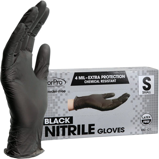 Disposable Nitrile Gloves, Chemical Resistant, Powder-Free, Latex-Free, Non-Sterile, Food Safe, 4 Mil, Black, Small, 100-Count