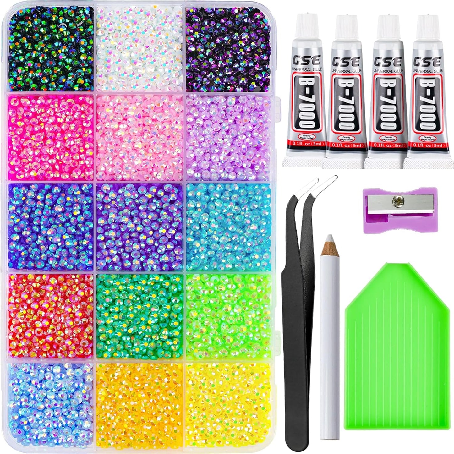 2784PCS Rhinestones Crystal AB Rhinestones for Nail with 5Pcs 3Ml B7000 Jewelry Glue and Pick up Tweezers and Nail Rhinestone Picker, Nail Art Tools,Stocking Stuffers Gifts for Women