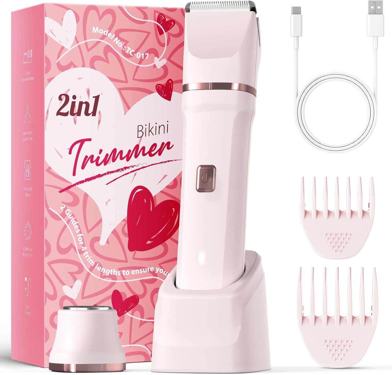 Bikini Trimmer for Women - Painless Electric Razors for Silk Skin,Cordless Body Shaver for Trip,Replaceable Lady Facial Razor, IPX7 Waterproof&Easy Cleaning, Ceramic Blade, USB Charge Dock Pink