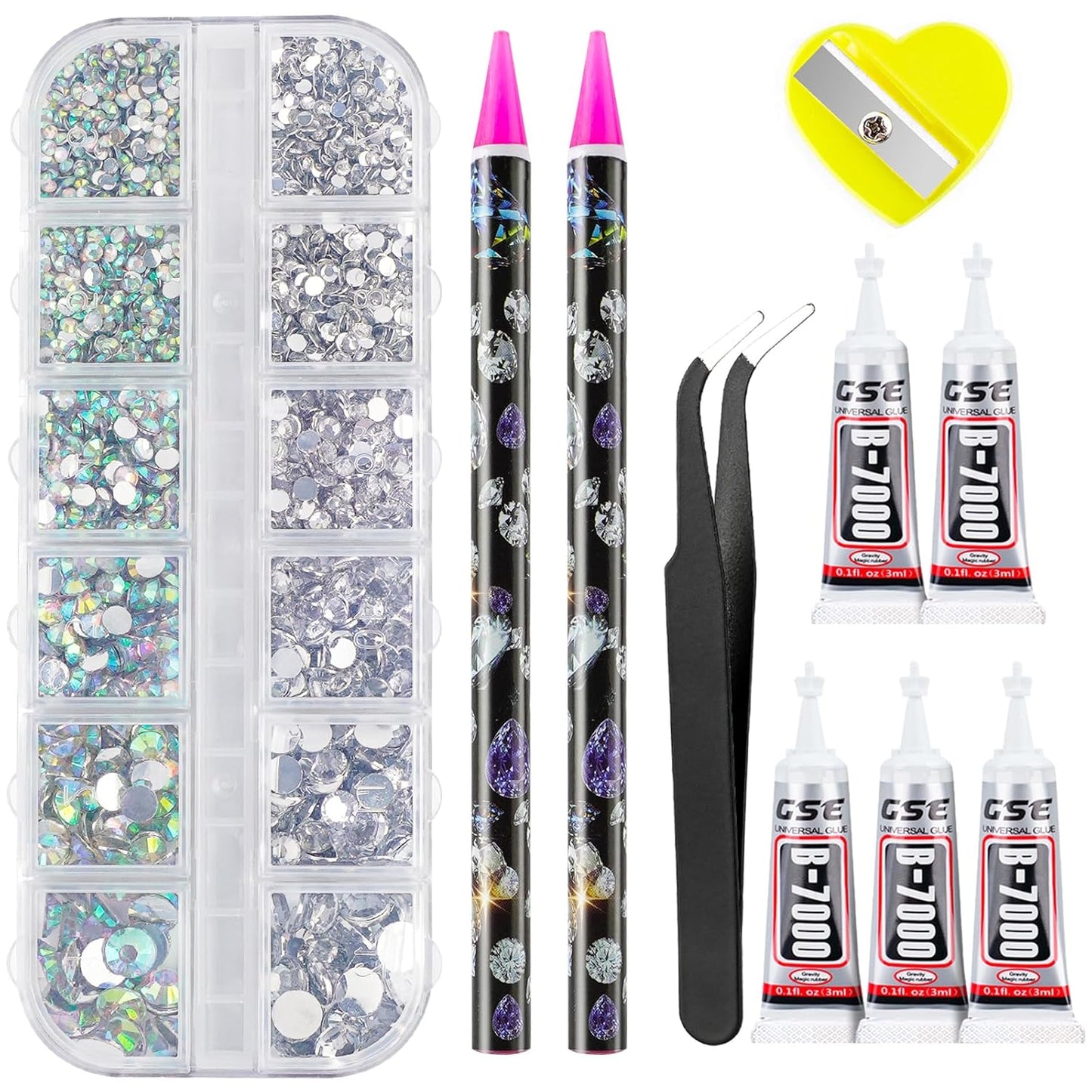 2784PCS Rhinestones Crystal AB Rhinestones for Nail with 5Pcs 3Ml B7000 Jewelry Glue and Pick up Tweezers and Nail Rhinestone Picker, Nail Art Tools,Stocking Stuffers Gifts for Women