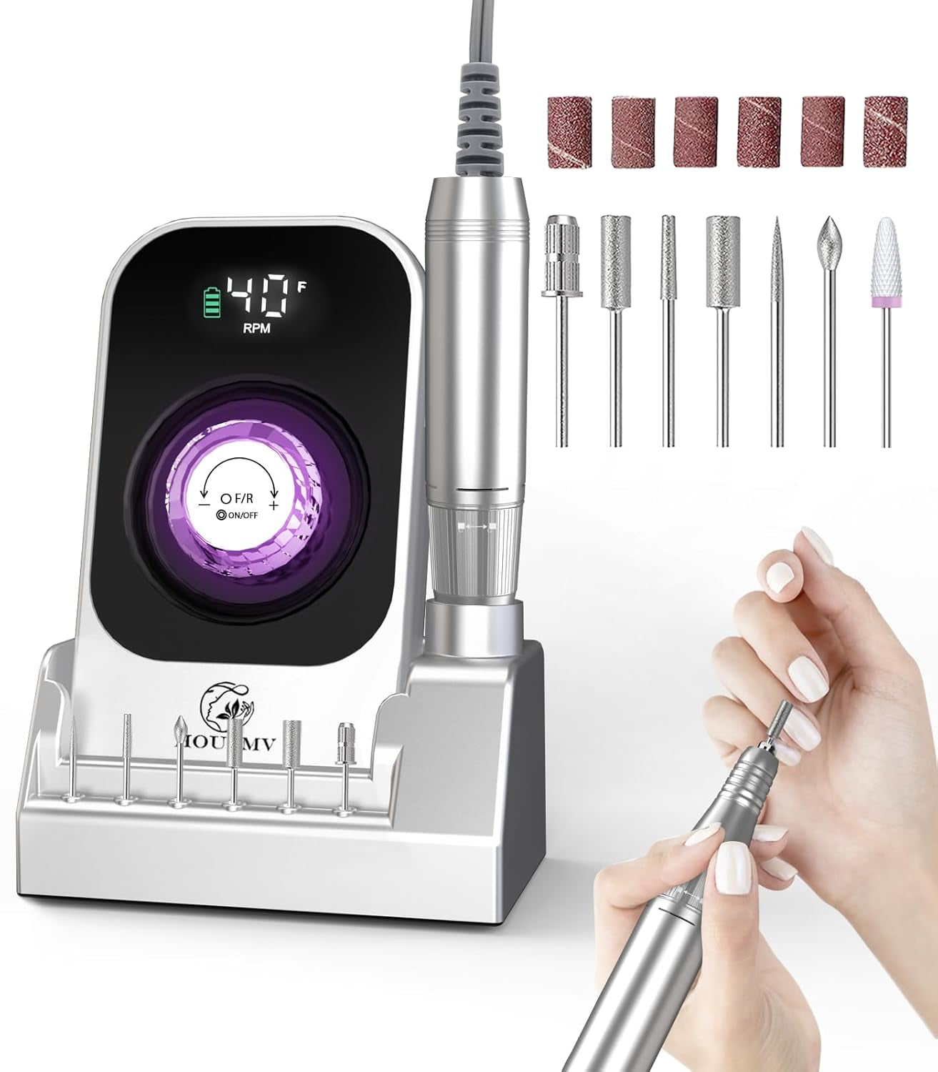 Portable Nail Drill Electric File: 40000RPM Professional Rechargeable Nail E-File Machine, Cordless Nail Drill with Bits & Base for Acrylic Nails Remove Nail Gel Polish Manicure for Salon Home, White