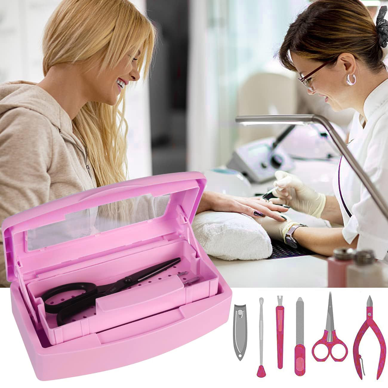 Nail Tool Sterilizer Box Barbicide Disinfectant Jar Plastic Disinfectant Container Suitable for Nail Tools Hair Salons Beauty Centers and Manicure and Nail Equipment(Pink)