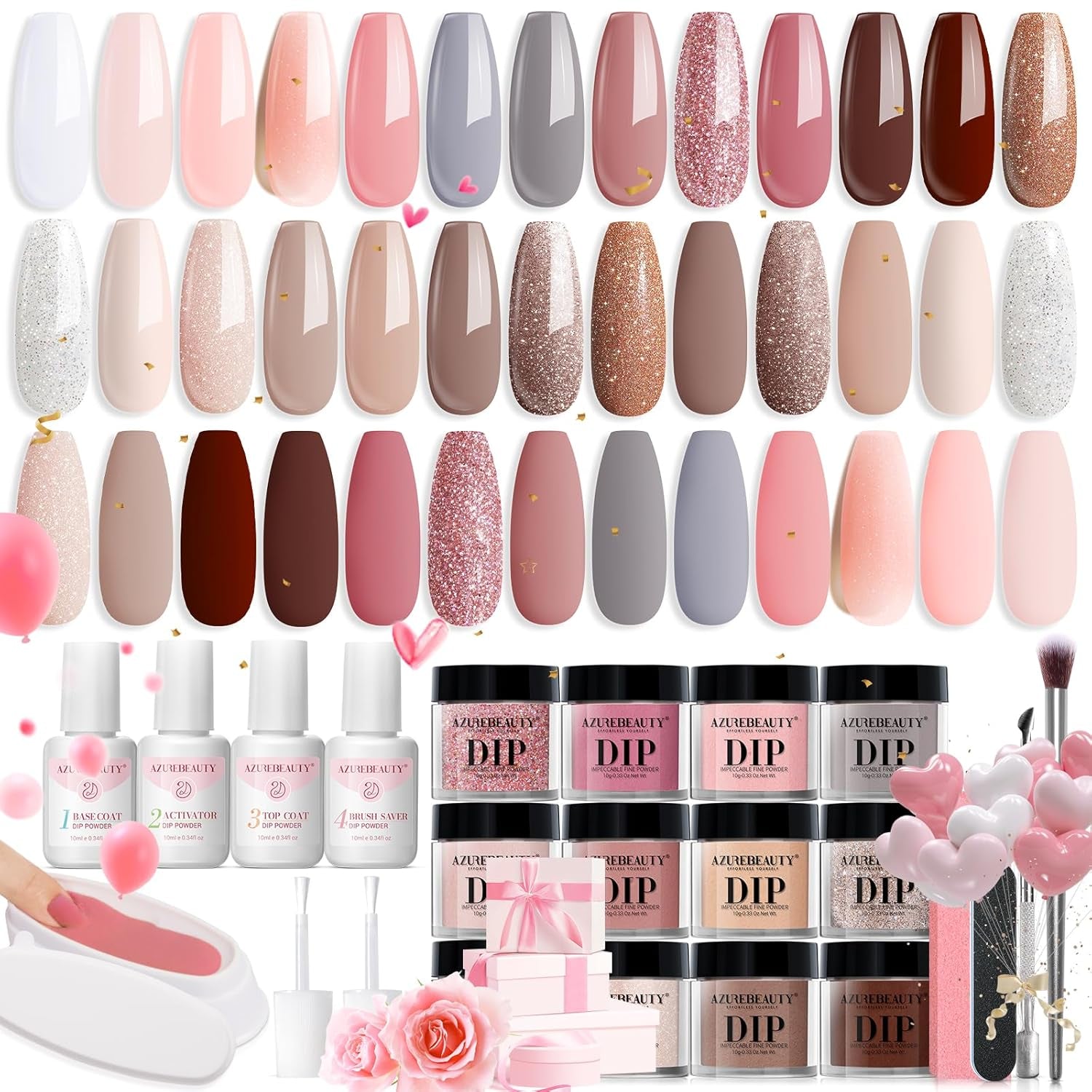 31 Pcs Dip Powder Nail Kit 20 Colors Glitter Nude Brown Pink White Gray Dip Powder Liquid Set with Top/Base Coat Activator for French Nails Art Manicure DIY Salon Women Valentine'S Gift