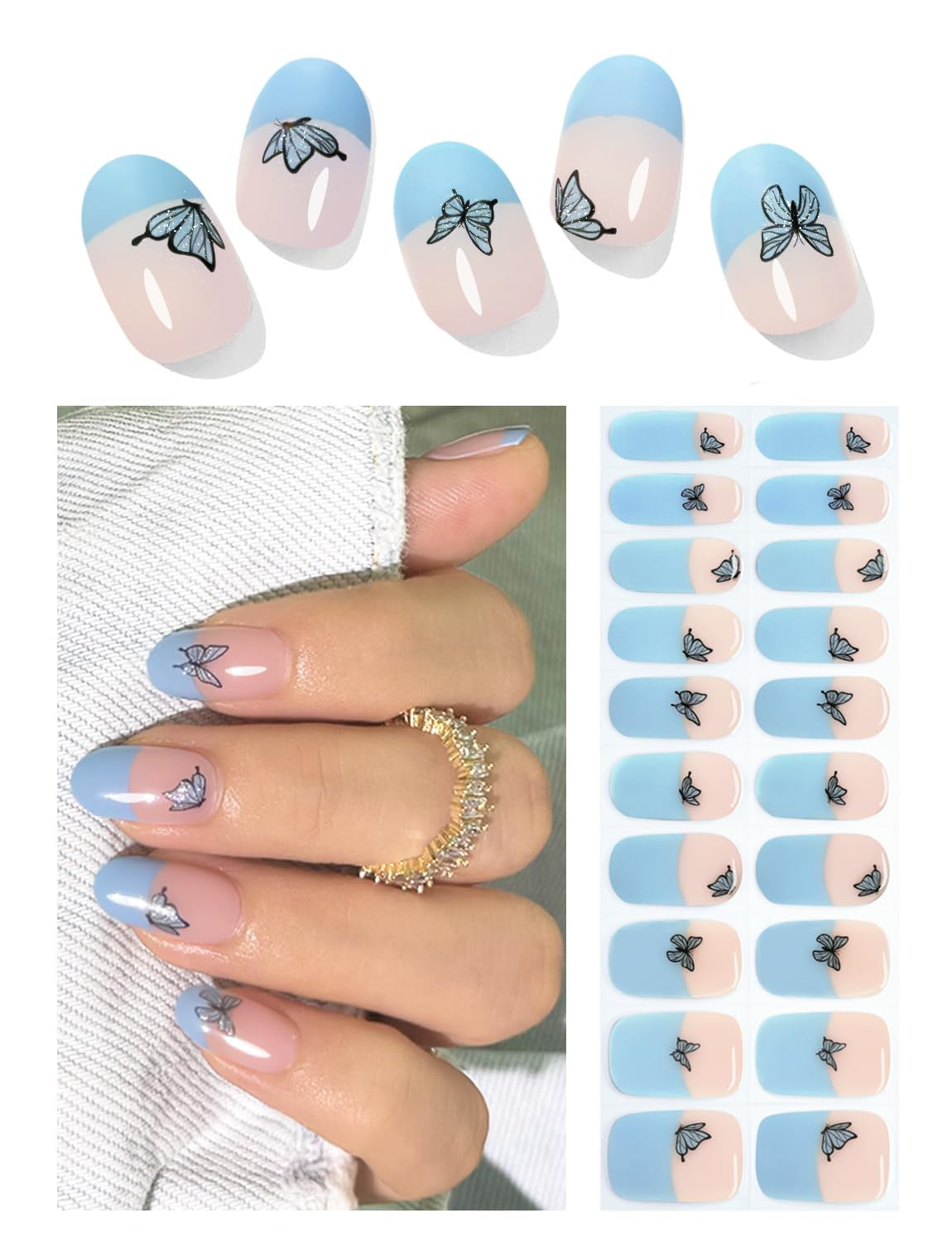 Semi Cured Gel Nail Strips, 20Pcs French Gradient Gel Nail Stickers Work with UV, Easy to Use and Remove