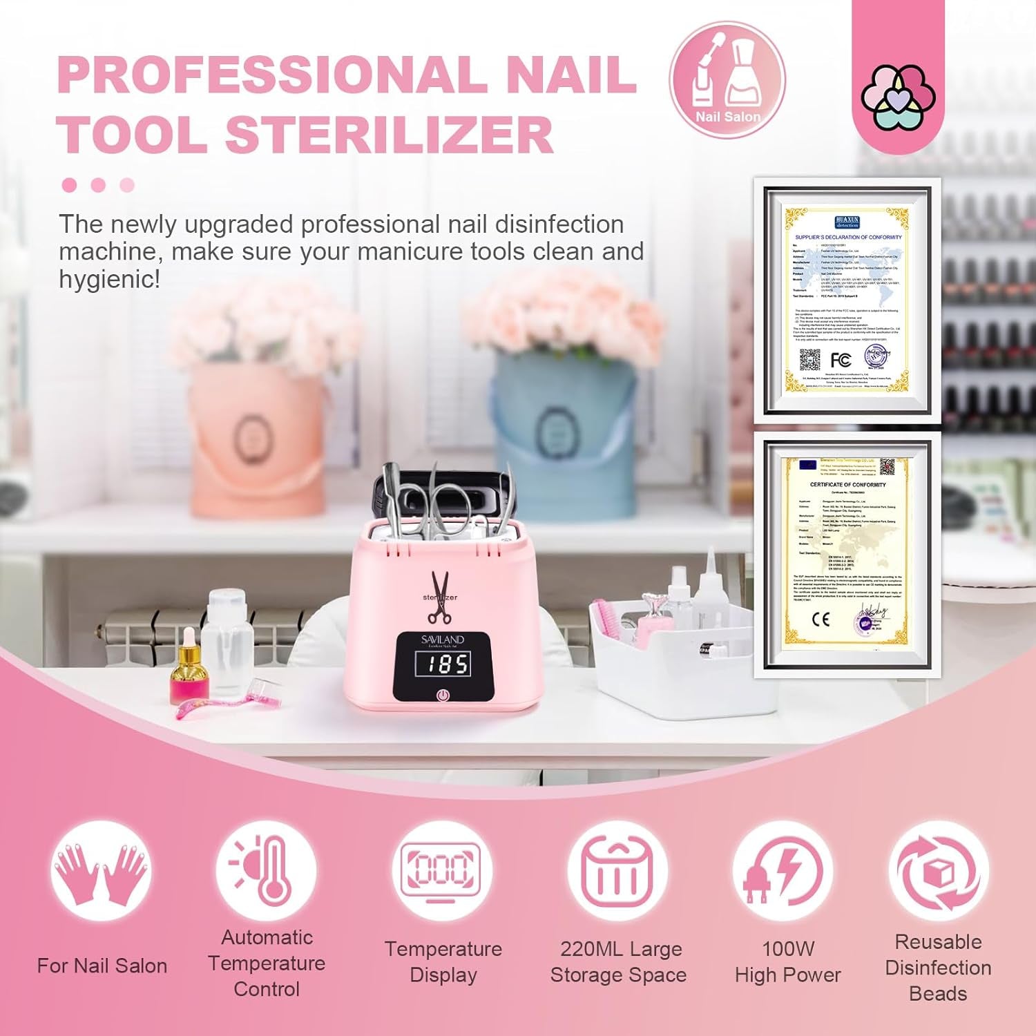 Nail Tool Sterilizer Electric: High-Temperature 365℉ Sterilizer for Nail Tools Portable Pink Nail Sterilizer with Glass Beads to Sterilize Any Metal Tools Salon & Esthetician Supplies