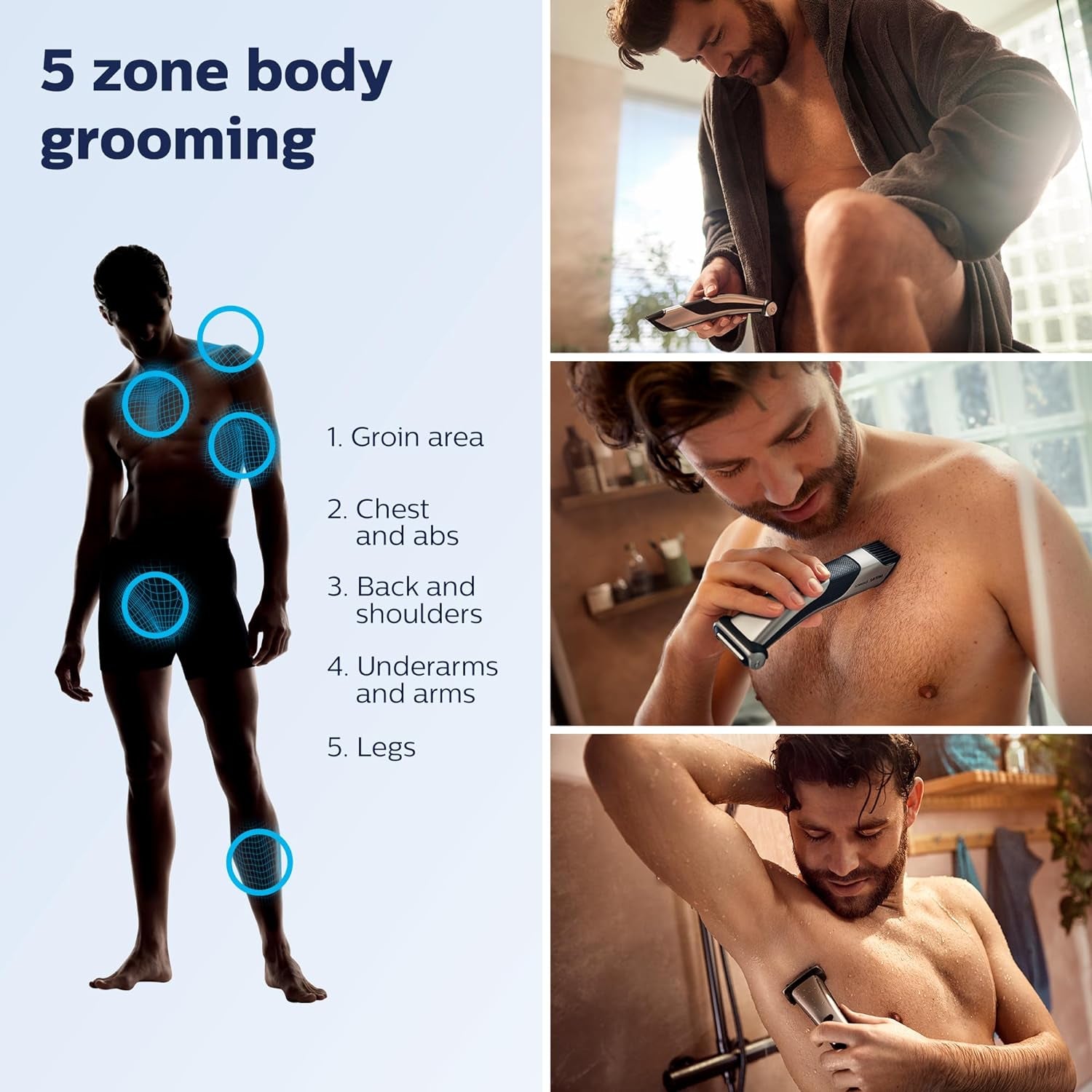 Bodygroom 7000 Series, Showerproof Groin and Body Trimmer for Men, Precise Body Grooming, Adjustable Comb, Safe Even below the Belt, 80 Min. Runtime, Model BG7030/49